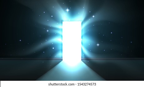 Light from the open door of a dark room, attractive hypnotic light tentacles, abstract mystical glowing exit. Open door template, background, mock up