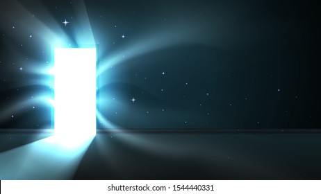 Light from the open door of a dark room, abstract mystical glowing exit, attractive hypnotic light tentacles. Open door template, background, mock up