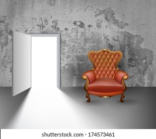 Light Open Door in White Wall with shadow. Armchair on grunge background