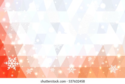 Light Orange christmas postcard low polygon background. Vector illustration consisting of triangles. Abstract triangular polygonal origami or crystal design of New Year celebration.