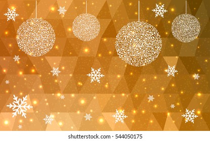 Light orange christmas postcard low polygon background. Vector illustration consisting of triangles. Abstract triangular polygonal origami or crystal design of New Year celebration.