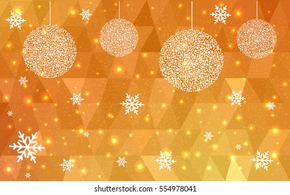 Light Orange christmas postcard low polygon background. Vector illustration consisting of triangles. Abstract triangular polygonal origami or crystal design of New Year celebration.