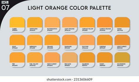 Paleta de colores naranja claro con nombres de color. Catálogo Samples peo Orange Guide con códigos RGB HEX y Nombres. Vector naranja de colores metálicos, paleta de colores naranja de madera y plástico, colores de trand de moda