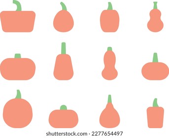 Light orange color pumpkin silhouette illustrations set seen from the front of various shapes.