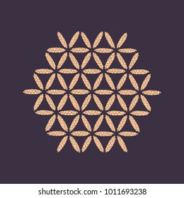 Light orange dots flower of life symbol on dark purple background,abstract colorful sacred geometry,pattern of dots.