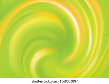 Light orange graphic backdrop with space for text. Curl wavy rippled fluid surface bright emerald color. Circle soft eddy mix of tasty spread syrup mixture