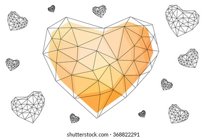 Light orange heart isolated on white background. Geometric rumpled triangular low poly origami style gradient graphic illustration. Vector polygonal design for your business.