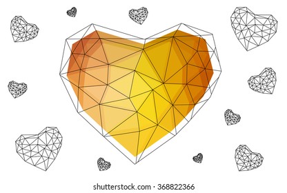 Light orange heart isolated on white background. Geometric rumpled triangular low poly origami style gradient graphic illustration. Vector polygonal design for your business.