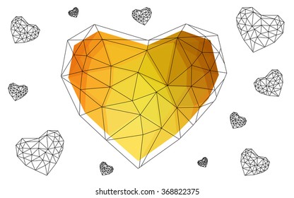 Light orange heart isolated on white background. Geometric rumpled triangular low poly origami style gradient graphic illustration. Vector polygonal design for your business.