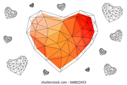 Light orange heart isolated on white background. Geometric rumpled triangular low poly origami style gradient graphic illustration. Vector polygonal design for your business.