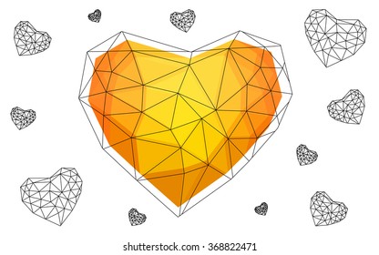 Light orange heart isolated on white background. Geometric rumpled triangular low poly origami style gradient graphic illustration. Vector polygonal design for your business.