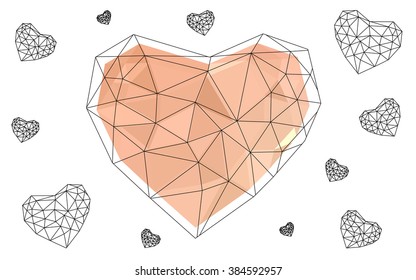Light orange heart isolated on white background. Geometric rumpled triangular low poly origami style gradient graphic illustration. Vector polygonal design for your business.