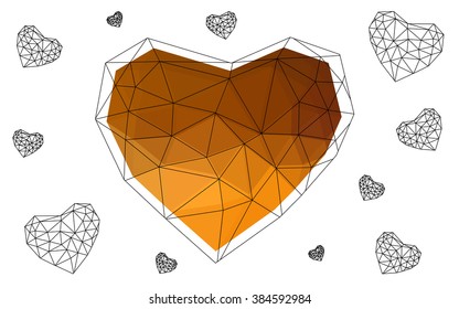 Light orange heart isolated on white background. Geometric rumpled triangular low poly origami style gradient graphic illustration. Vector polygonal design for your business.