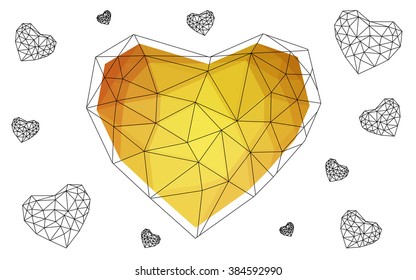 Light orange heart isolated on white background. Geometric rumpled triangular low poly origami style gradient graphic illustration. Vector polygonal design for your business.