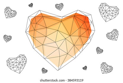 Light orange heart isolated on white background. Geometric rumpled triangular low poly origami style gradient graphic illustration. Vector polygonal design for your business.