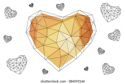 Light orange heart isolated on white background. Geometric rumpled triangular low poly origami style gradient graphic illustration. Vector polygonal design for your business.