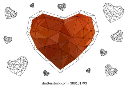 Light orange heart isolated on white background. Geometric rumpled triangular low poly origami style gradient graphic illustration. Vector polygonal design for your business.