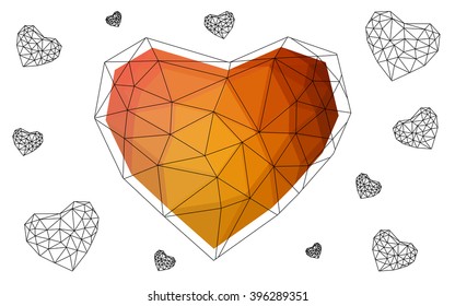 Light orange heart isolated on white background. Geometric rumpled triangular low poly origami style gradient graphic illustration. Vector polygonal design for your business.