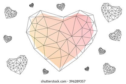 Light orange heart isolated on white background. Geometric rumpled triangular low poly origami style gradient graphic illustration. Vector polygonal design for your business.