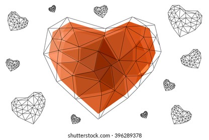 Light orange heart isolated on white background. Geometric rumpled triangular low poly origami style gradient graphic illustration. Vector polygonal design for your business.