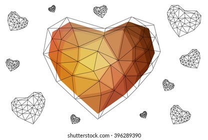 Light orange heart isolated on white background. Geometric rumpled triangular low poly origami style gradient graphic illustration. Vector polygonal design for your business.