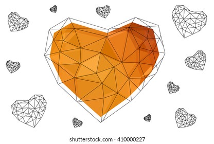 Light orange heart isolated on white background. Geometric rumpled triangular low poly origami style gradient graphic illustration. Vector polygonal design for your business.