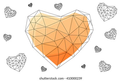 Light orange heart isolated on white background. Geometric rumpled triangular low poly origami style gradient graphic illustration. Vector polygonal design for your business.