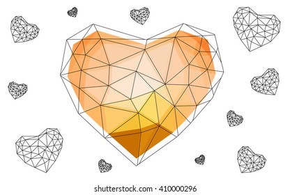 Light orange heart isolated on white background. Geometric rumpled triangular low poly origami style gradient graphic illustration. Vector polygonal design for your business.