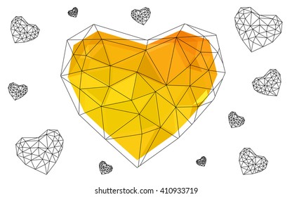 Light orange heart isolated on white background. Geometric rumpled triangular low poly origami style gradient graphic illustration. Vector polygonal design for your business.