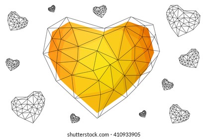 Light orange heart isolated on white background. Geometric rumpled triangular low poly origami style gradient graphic illustration. Vector polygonal design for your business.