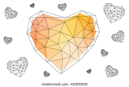 Light orange heart isolated on white background. Geometric rumpled triangular low poly origami style gradient graphic illustration. Vector polygonal design for your business.