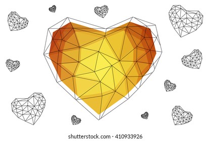 Light orange heart isolated on white background. Geometric rumpled triangular low poly origami style gradient graphic illustration. Vector polygonal design for your business.