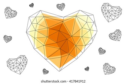 Light orange heart isolated on white background. Geometric rumpled triangular low poly origami style gradient graphic illustration. Vector polygonal design for your business.