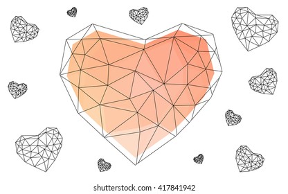Light orange heart isolated on white background. Geometric rumpled triangular low poly origami style gradient graphic illustration. Vector polygonal design for your business.