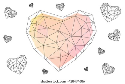 Light orange heart isolated on white background. Geometric rumpled triangular low poly origami style gradient graphic illustration. Vector polygonal design for your business.