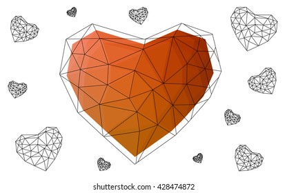 Light orange heart isolated on white background. Geometric rumpled triangular low poly origami style gradient graphic illustration. Vector polygonal design for your business.