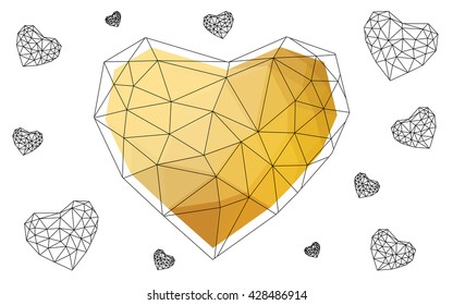 Light orange heart isolated on white background. Geometric rumpled triangular low poly origami style gradient graphic illustration. Vector polygonal design for your business.