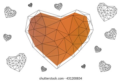 Light orange heart isolated on white background. Geometric rumpled triangular low poly origami style gradient graphic illustration. Vector polygonal design for your business.