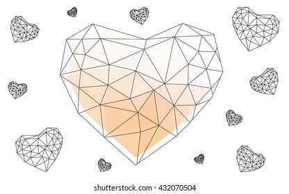 Light orange heart isolated on white background. Geometric rumpled triangular low poly origami style gradient graphic illustration. Vector polygonal design for your business.