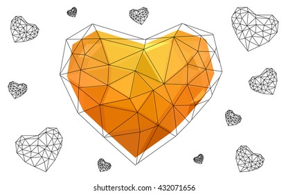 Light orange heart isolated on white background. Geometric rumpled triangular low poly origami style gradient graphic illustration. Vector polygonal design for your business.