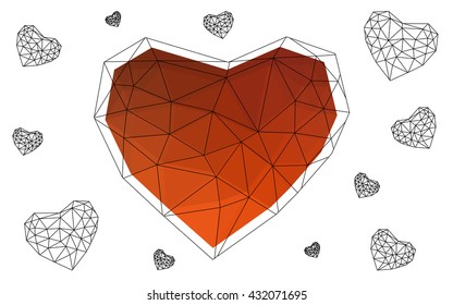 Light orange heart isolated on white background. Geometric rumpled triangular low poly origami style gradient graphic illustration. Vector polygonal design for your business.