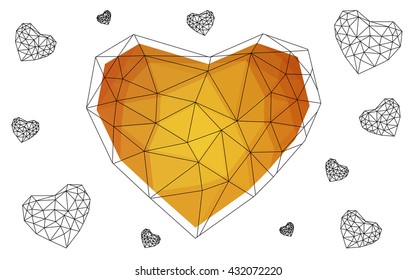 Light orange heart isolated on white background. Geometric rumpled triangular low poly origami style gradient graphic illustration. Vector polygonal design for your business.