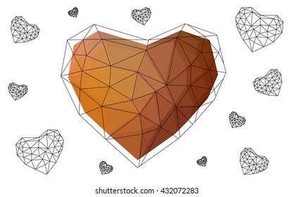 Light orange heart isolated on white background. Geometric rumpled triangular low poly origami style gradient graphic illustration. Vector polygonal design for your business.