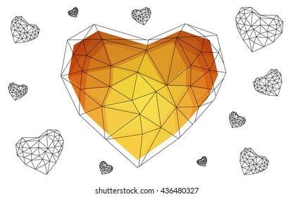 Light orange heart isolated on white background. Geometric rumpled triangular low poly origami style gradient graphic illustration. Vector polygonal design for your business.