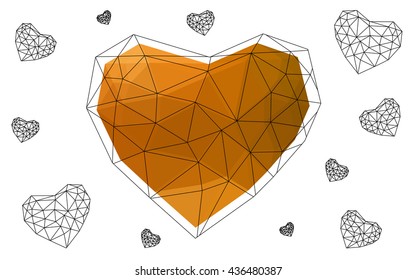 Light orange heart isolated on white background. Geometric rumpled triangular low poly origami style gradient graphic illustration. Vector polygonal design for your business.
