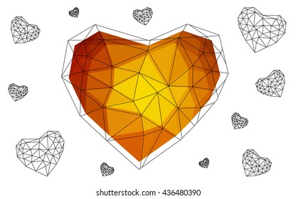 Light orange heart isolated on white background. Geometric rumpled triangular low poly origami style gradient graphic illustration. Vector polygonal design for your business.