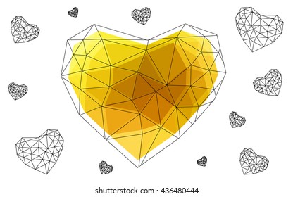 Light orange heart isolated on white background. Geometric rumpled triangular low poly origami style gradient graphic illustration. Vector polygonal design for your business.