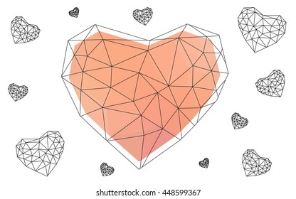 Light orange heart isolated on white background. Geometric rumpled triangular low poly origami style gradient graphic illustration. Vector polygonal design for your business.