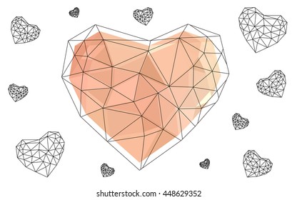 Light orange heart isolated on white background. Geometric rumpled triangular low poly origami style gradient graphic illustration. Vector polygonal design for your business.