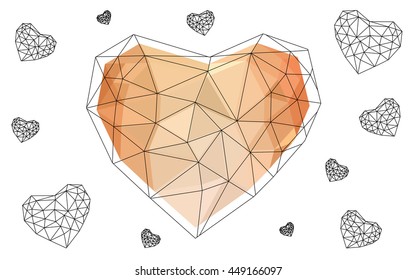 Light orange heart isolated on white background. Geometric rumpled triangular low poly origami style gradient graphic illustration. Vector polygonal design for your business.